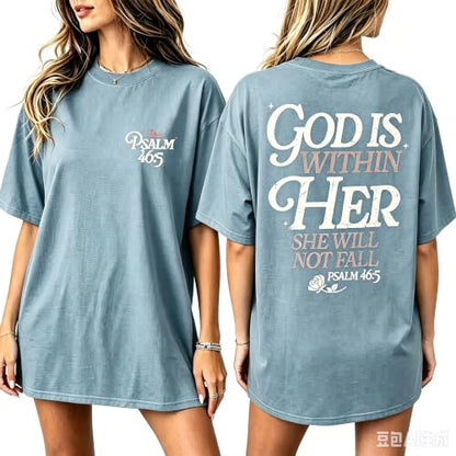 Muicy Womens Psalm 46 5 God is Within Her Christian Bible Verse Oversized T Shirt 2026 Summer - color: Dusty Blue, size: Small