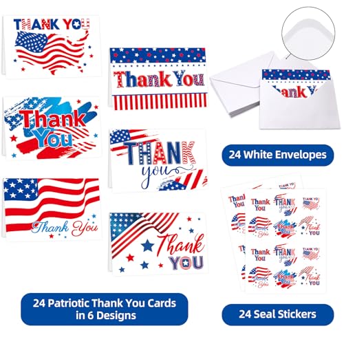 Fancy Land Patriotic Thank You Cards with Envelopes, 24Pcs