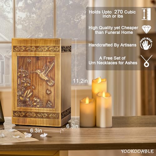 Wooden Urn for Ashes Adult Male Female, Handcrafted Large Cremation Urns Box for Human Ashes Adult Man Woman, Memorial Decorative Funeral Urn with Hummingbird Carvings, with Velvet Bag & Necklace - color: Hummingbird