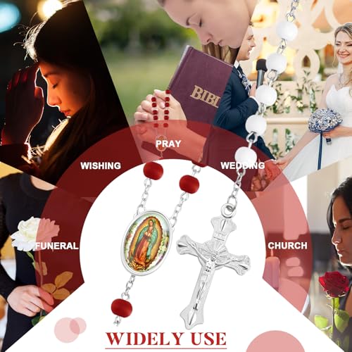 Taiyin 36 Pcs Wooden Bead Rosary Necklace with Crucifix and Our Lady of Guadalupe Scented First Communion Rosary with 36 Organza Bags Baptism Favors Catholic Gift for Men Women - color: Red
