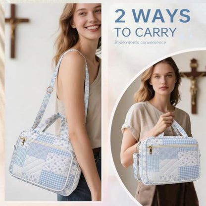 Bible Cover Case for Women Bible Study Supplies Christian Gifts for Women Church Camp Essentials Christian Bible Journaling Kit Quilted Large Bible Cover (Spliced Blue Flower, Large) - color: Spliced Blue Flower