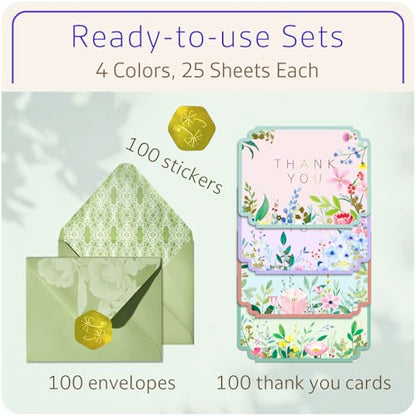 ukee's Floral Thank You Cards, Die-Cut Gold Foil, 100 Cards with Envelopes