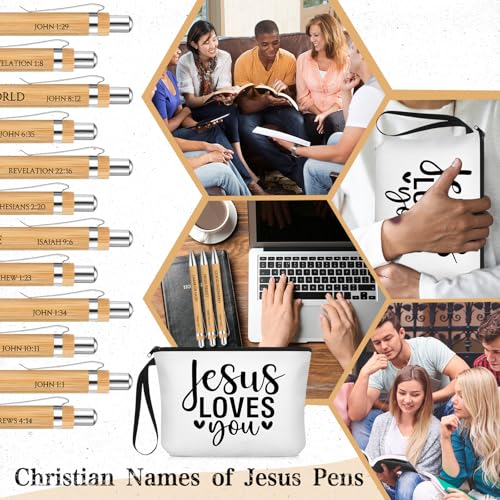 Sayglossy 13 Pcs Christian Gift Set Jesus Loves You Zipper Pouch with 12 Bible Verse Pens Bulk Inspirational Religious Gifts for Sunday School Bible Study Church Vbs