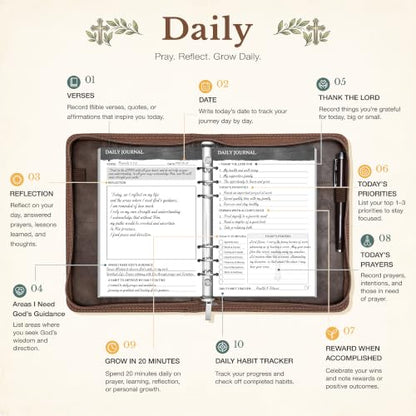 Ospelelf Removable Prayer Journal with Leather Brown 6 Ring Binder 3-Month - color: brown