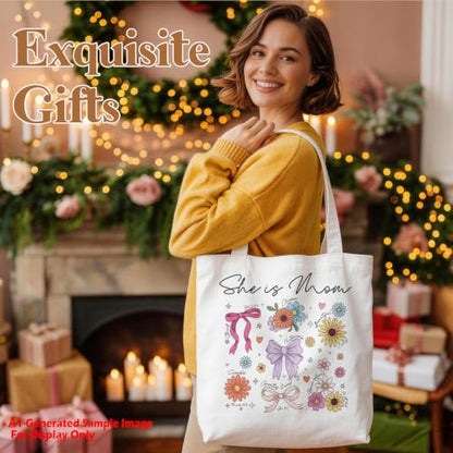 Christian Mom Tote Bag, Floral Bow Canvas Handbag for Women, Inspirational Bible Verse Gift, Reusable Shoulder Carryall, Durable Shopping Work Church Travel Bag, Mothers Day Gifts, 13.7 x 15.7 In