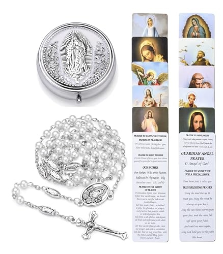 Guadalupe Rosary Beads for Women with Metal Box and 18pcs Holy - color: White