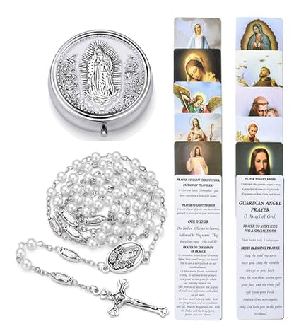 Guadalupe Rosary Beads for Women with Metal Box and 18pcs Holy - color: White