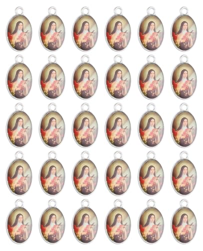 COTTVOTT Saint Therese of Lisieux/Saint Mother Teresa of Calcutta/Divine Mercy Jesus/Mater Dolorosa Patron Saint Medal Charm Pendant for DIY Rosary Necklace Bracelet Jewelry Making Part - color: 30pcs-Enamel St. Therese