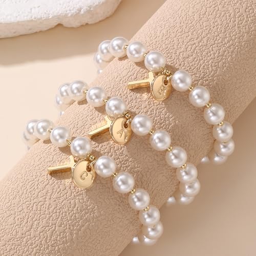 Cross Initial Bracelet Dainty Gold Cross Pearl Bracelet with Letter A-Z Christian Baptism Gifts Religious Faith Jewelry Stocking Stuffers for Teens - color: Gold M