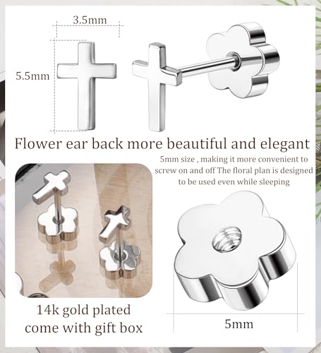 Enticera 14K Gold Stud Earrings for Women 20g Leaf Cross Bar Handmade Flat Back Earrings Hypoallergenic Nap Screw Back Cartilage Earrings Tragus Helix Piercing Jewelry - color: Silver Tone, style: Cross