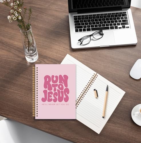 Pink Christian Spiral Notebook, Run to Jesus Bible Verse Journal, Religious Scripture Journals for Writing, Bible Notebooks for Note Taking, Church Notes Journal, 5.5x8.3 Inch - color: God-Pink