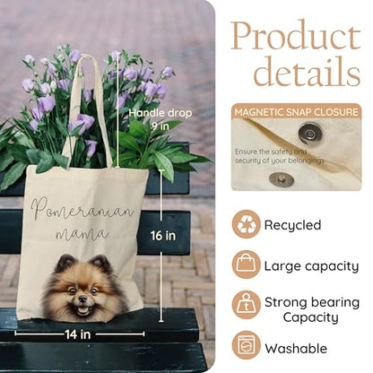 Dog Mom Canvas Tote Bag for Women, Reusable Cotton Shoulder Bag, Dog Lover Gift, Mother’s Day Pet Mom Shopping Tote - color: Pomeranian02