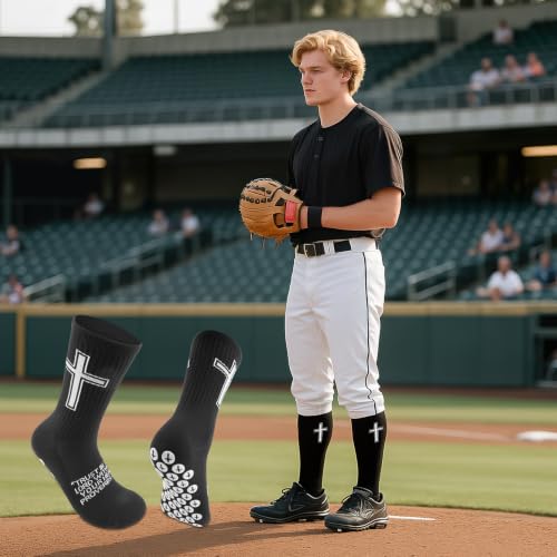 Christian Soccer Socks,Cross Grip Anti Slip Religious Football Socks with Rubber Dots for Youth and Men - color: Black