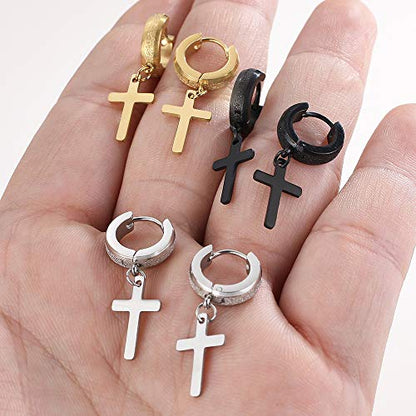Men Women Stainless Steel Cross Earrings Set Dangle Hinged Earrings of Dangle Hinged Earrings Cross hoop Earrings - color: 3 Pairs Cross Earrings (Black+Silver+Gold) Scrub Small