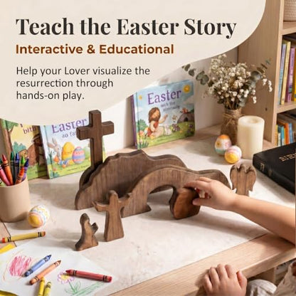 Wooden Empty Tomb Easter Scene Cross Decoration, 7-Piece Jesus Resurrection Nativity Set, Religious Christian Tabletop Decor for Home Office Church