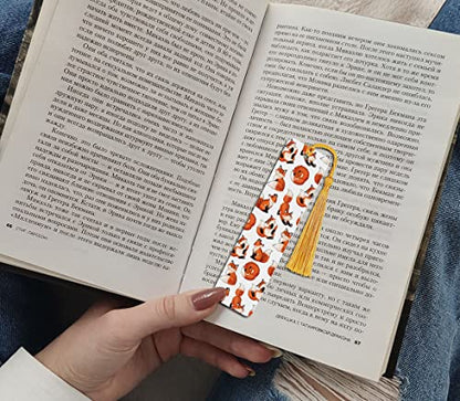 WIRESTER Set of 2 Metal Bookmarks with Light Gold Tassel for Students, Reader, Teachers, Book Lovers - Red Fox Funny Playful Postures, Chicken Pattern - color: Red Fox Funny Playful Postures, Chicken Pattern