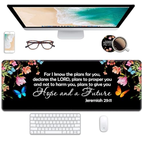 Desk Pad Mat Gaming Mouse Pads with Coasters,31.5" x 11.8" Large Mouse Pad Desk Decor Writing Pad Non Slip Rubber Base Stitched Edges for Work Game Office Home,Floral Quote Bible Verse Jeremiah 29:11 - color: Floral Quote Bible Verse Jeremiah 29:11, size: