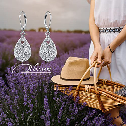 925 Sterling Silver Filigree Dangle Drop Leverback Teardrop Earrings - color: Cherry Blossoms Filigree