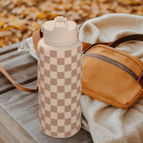 SANDJEST Checkerboard Water Bottle 32oz Stainless Steel with Lid & Straw, Beige Checker Insulated Bottles for Women Girls, Gift Idea for Christmas Birthday - color: Checker