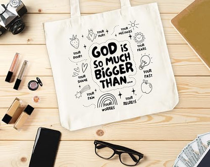 Christian Canvas Tote Bag for Women, God Is So Much Bigger Than Bible Tote, Bible Verse Religious Gifts, Faith Library Book Bag, Shoulder Bag Gifts for Women Friends Colleagues -28