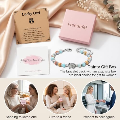 Bracelet for Women Natural Stone Beaded, Stainless Steel Charms, Adjustable - color: 7-Owl