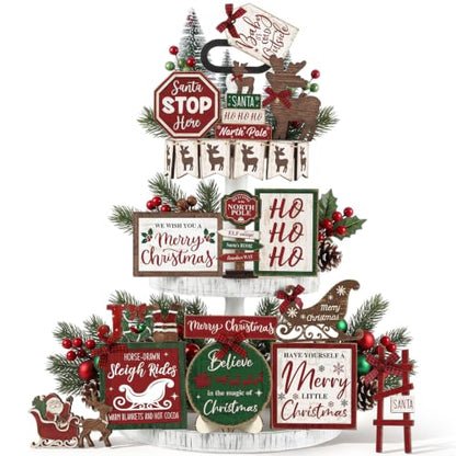 Vercraft Christmas Tiered Tray Decor Xmas Wooden Table Decor, Reindeer - style: Reindeer