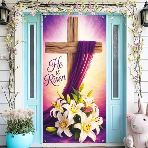 He is Risen Easter Cross Banner, 30x75 Inch Large Outdoor Decor with Purple Cloth White Lilies, Christian Resurrection Banner for Church Front Door Home Easter Celebration - color: multicolored#mf2602037