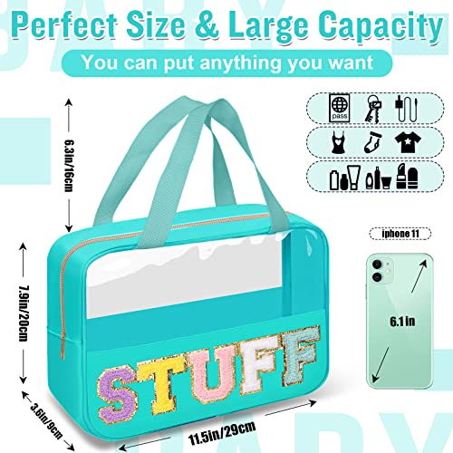 Preppy Clear Stuff Makeup Bags with Chenille Letter Patches, Travel Essentials Large Clear Make up Bag Zipper Pouch with Handle, Waterproof Nylon Cosmetic Toiletry Storage Tote for Women (STUFF-Green) - color: STUFF-Green
