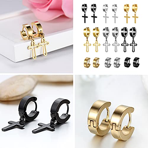 Cupimatch 3-6 Pairs Stainless Steel Cross Dangle Huggie Hinged Hoop Earrings for Men Women (1 Pair Silver Cross) for Mother's Day - color: cross-9pack