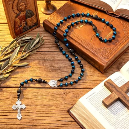 Huwena Rosary Beads Catholic for Men Blue Necklace Tiger Eye Beads with Medal Cross Prayer Crucifix Handmade Gift Supplies for Men Women 20.87 in Our Lady of Grace Rosary Cross Necklace Catholic Gifts