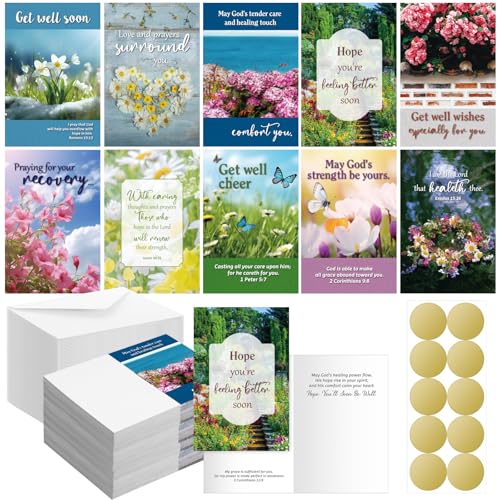 Dunzoom 100 Pack Religious Get Well Soon Card Bulk Set with Envelopes Stickers 10 Floral Landscape Designs Assortment Christian Get Well Soon Greeting Cards with Scripture Inspirational Blessing 4 x 6 - style: Get Well Soon