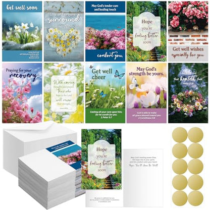 Dunzoom 100 Pack Religious Get Well Soon Card Bulk Set with Envelopes Stickers 10 Floral Landscape Designs Assortment Christian Get Well Soon Greeting Cards with Scripture Inspirational Blessing 4 x 6 - style: Get Well Soon