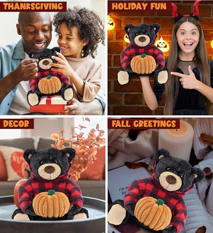 DolliBu Red Plaid Hoodie Black Bear Stuffed Animal with Pumpkin - 10 Inches