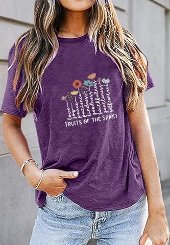 Women's Christian Shirt Fruit of The Holy Spirit Flower T-Shirt Inspirational Bible Text Top - color: Z-q6013-purple, size: Large
