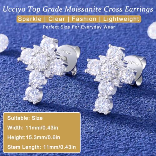 Moissanite Cross Earrings Sterling Silver Cross Stud Eearrings D Color VVSI Moissanite Stud Earrings Crucifix Jewelry Gift - color: Silver-1.02CT