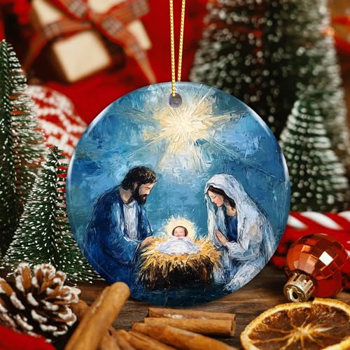 Holy Family Nativity Ornament – Ceramic Christmas Tree Decoration – Religious Christian Ornament Keepsake – Inspirational Xmas Holiday Décor Gift for Family Friends Teachers Church Members
