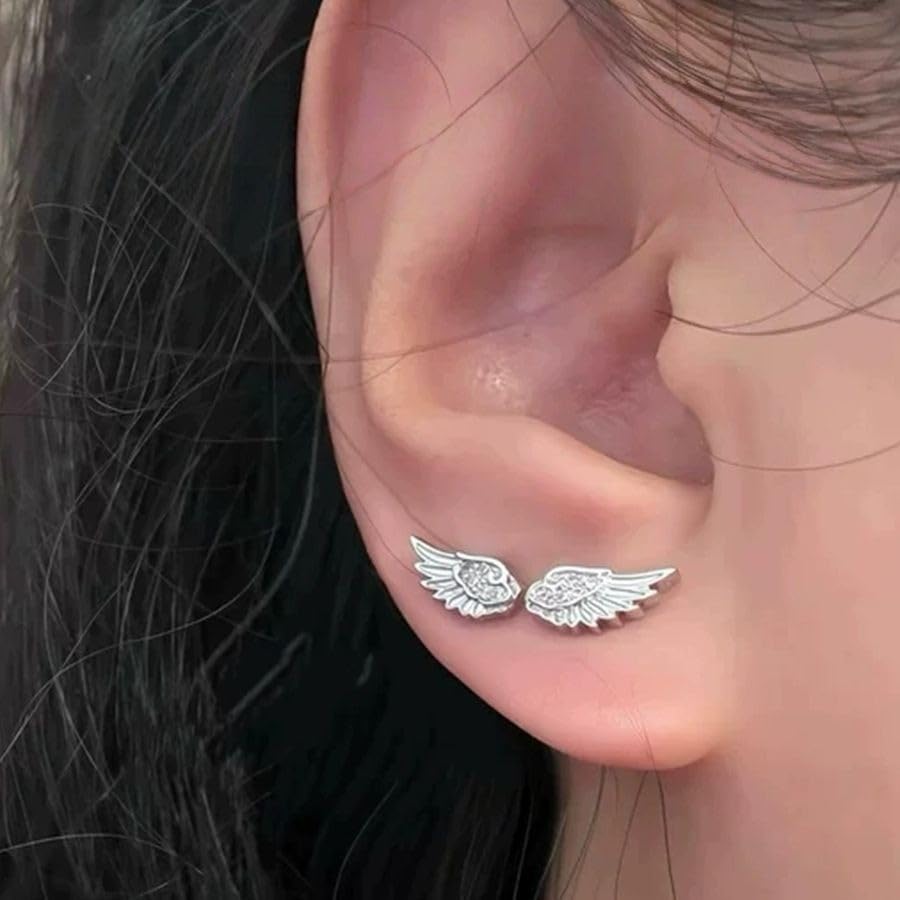Goth Angle Wing Earrings Silver Flat Back Hypoallergenic Women Studs