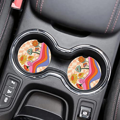Car Coasters 2 Pack,2.56" Ceramic Stone Car Cupholder Absorbent Coaster Set for Women Men Drink Cup Holder Coasters Car Accessories(Skull Sunflowers) (Pink Mushroom) - color: Pink Mushroom