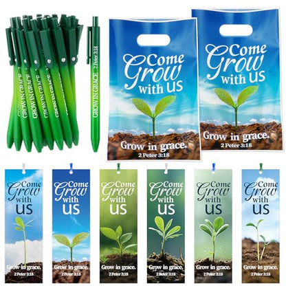 Supervitae 108 Pcs/36 Sets Church Welcome Gift Pockets Bulk Church Visitor Gifts 36 Religious Brochure Bags with Handle 36 Come Grow with Us Ballpoint Pen 36 Bookmark for Christian Supplies - style: Come, Grow with Us