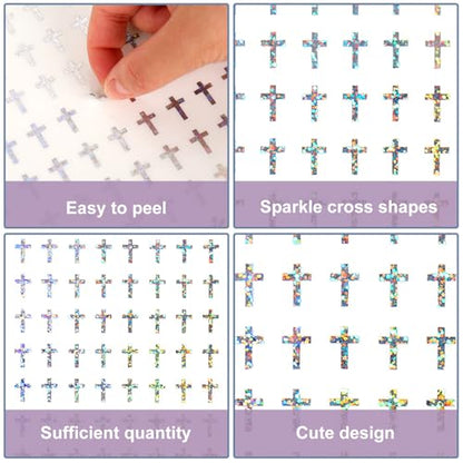 JarThenaAMCS 2400Pcs Mini Cross Sticker Laser Christening Paper Decal Holographic Baptism Self-Adhesive Sticker for Church Planner Envelope Scrapbook DIY Supplies, 0.5 in