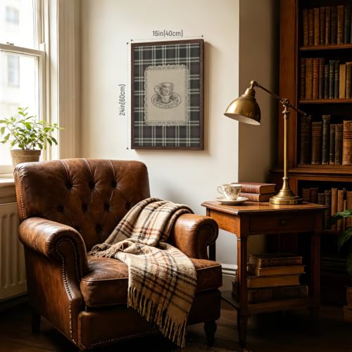 Dynazo Wood Framed Vintage Teacup Wall Art, Rustic Tea Bar Decor, Neutral Plaid Farmhouse Poster Print, French Country Cottagecore Tea Time Artwork for Living Room Kitchen Dining Room 16x24 Inch - color: PlaidCoffee, size: 24"L x 16"W