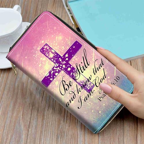 Christian Cross Bible Verse Psalm 46:10 Print Wallet for Women Large Capacity Wallet Credit Card Holder PU Leather Zipper Clutch Purse Phone Wallet - color: Christian Cross Bible Verse Psalm 46:10