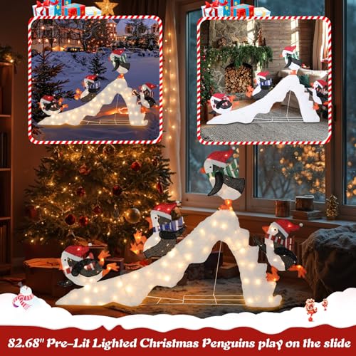 7 FT Lighted Christmas Penguin On Slide, Pre‑Lit Outdoor Yard Decor - size: 51''*82.68''