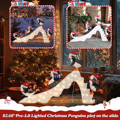 7 FT Lighted Christmas Penguin On Slide, Pre‑Lit Outdoor Yard Decor - size: 51''*82.68''