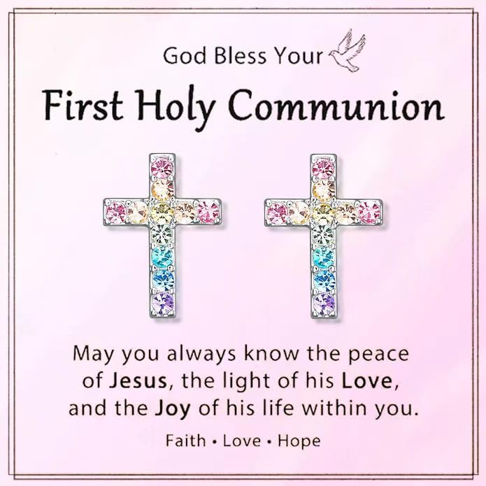 Cross Stud Earrings for Women,Cubic Zirconia Rainbow Cross Earrings Gifts Jewelry for Sensitive Ears,Communion Birthday Baptism Gifts for Girls - color: First Holy Communion