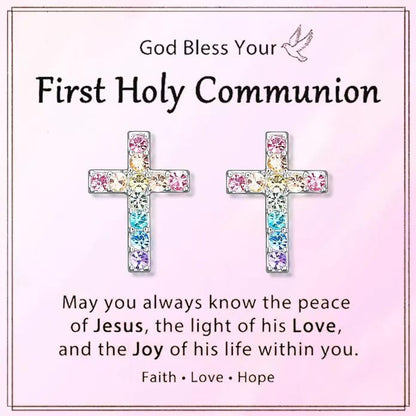 Cross Stud Earrings for Women,Cubic Zirconia Rainbow Cross Earrings Gifts Jewelry for Sensitive Ears,Communion Birthday Baptism Gifts for Girls - color: First Holy Communion