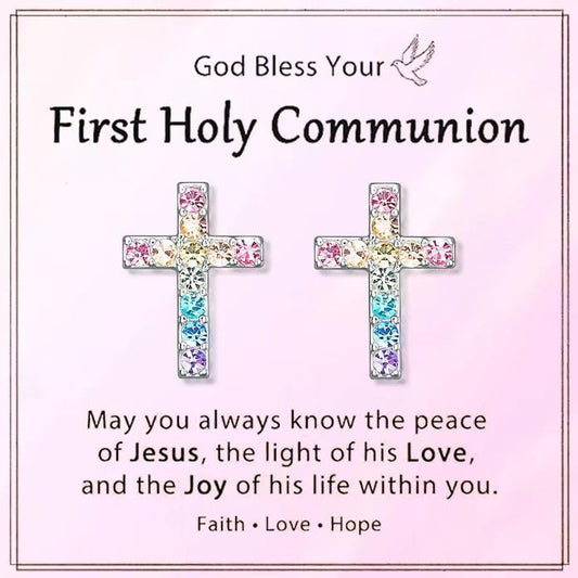 Cross Stud Earrings for Women,Cubic Zirconia Rainbow Cross Earrings Gifts Jewelry for Sensitive Ears,Communion Birthday Baptism Gifts for Girls - color: First Holy Communion