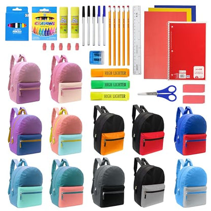 12 Packs 17" Bulk Backpacks with 50 Piece School Supply Kit , 12 Colors - color: 2 Tone, size: 50 Piece SS Kit