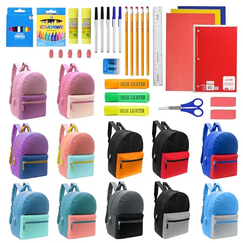 12 Packs 17" Bulk Backpacks with 50 Piece School Supply Kit , 12 Colors - color: 2 Tone, size: 50 Piece SS Kit