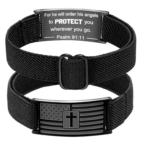 Easter Basket Stuffers - American Flag Cross Bracelet for Boys Men Freedom Adjustable Strap Christian Bracelets Engraved Bible Verses Inspirational Messages Religious Prayer Jewelry Gift Military Patriotic Wristbands - color: Black, size: Psalm 91:11
